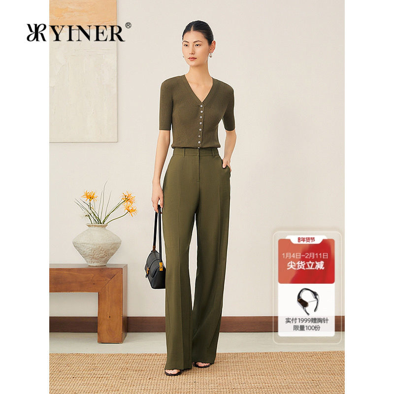 YINER音儿2025秋季新款阳离子仿麻感直筒长裤橄榄绿阔腿休闲裤,女装/女士精品,休闲裤,淘宝优惠券,粉丝福利购,淘宝优惠卷