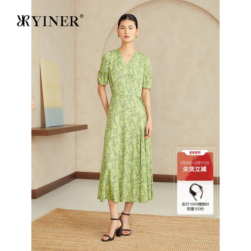 【真丝系列】YINER音儿2025夏季新款弹力法式印花茶歇裙连衣