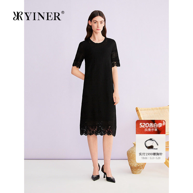 YINER音儿2026夏季新款时尚优雅圆领立体提花钩花镂空肌理连