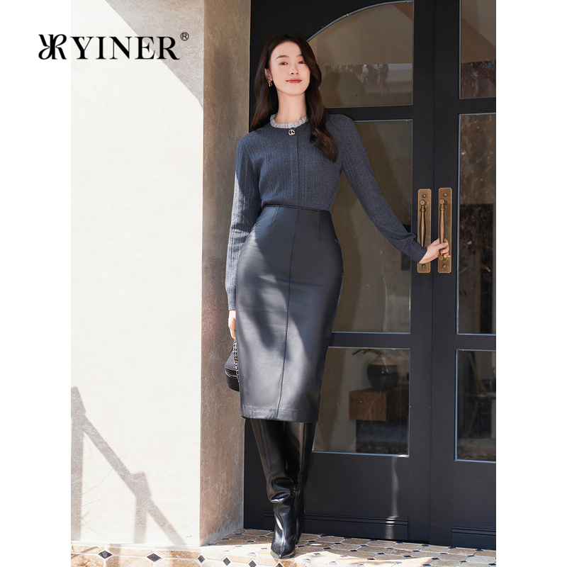 YINER音儿专选女装冬季格雷系木耳花边领美丽诺羊毛针织衫套头