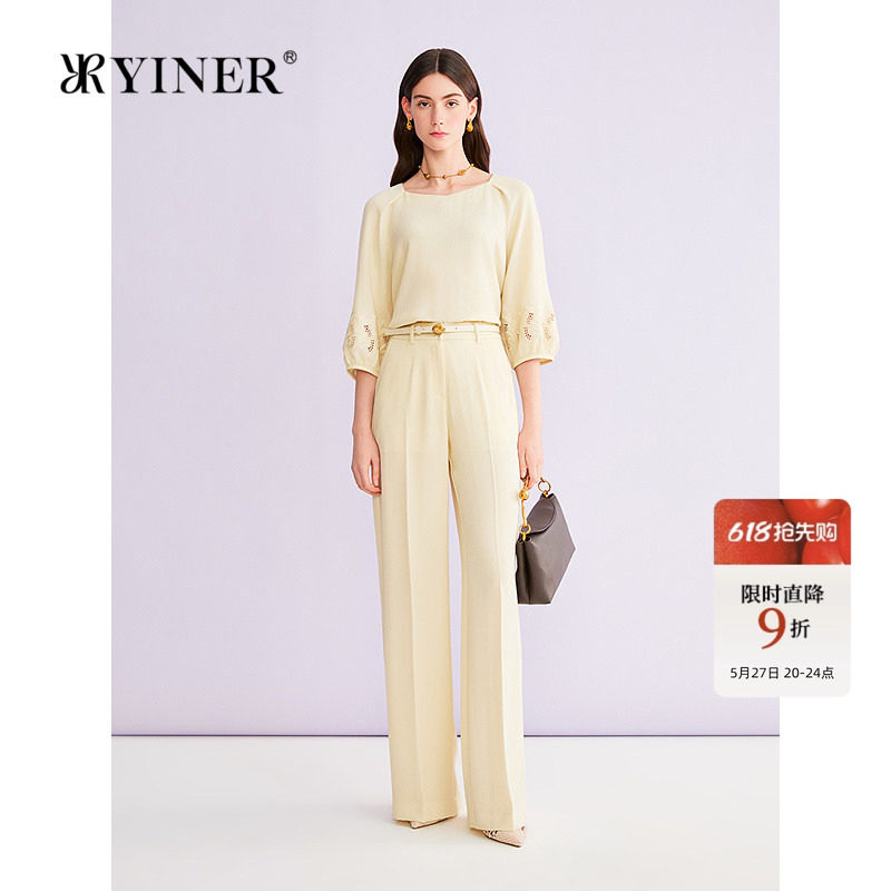 YINER音儿2026夏季新款时尚优雅复古方领三醋酸混纺镂空刺绣