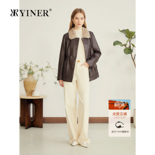 YINER音儿专选2025秋季 复古巴恩风撞色水貂毛领绵羊真皮皮衣 新款