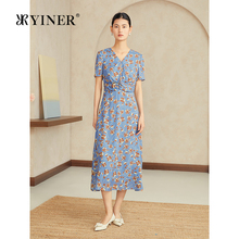 【真丝系列】YINER音儿专选2025夏季新款弹力桑蚕丝印花V领连衣裙