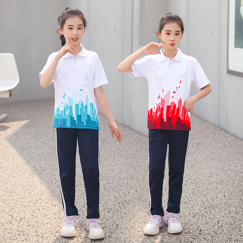 新品小学生红蓝校服儿童夏季运动风套装中学生短袖六年级班服