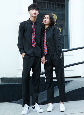 学院风修身英伦衬衫男女款150-C0304080夏季新款长袖灰色黑色印刷