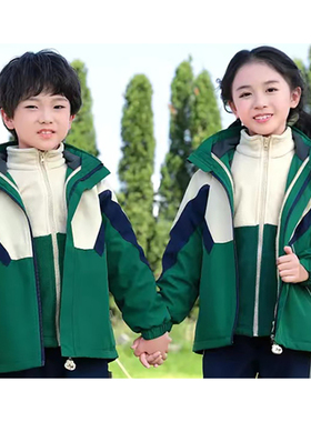 213秋冬新款中小学校服拼接孩子保暖防风三合一冲锋衣 绿色两件套