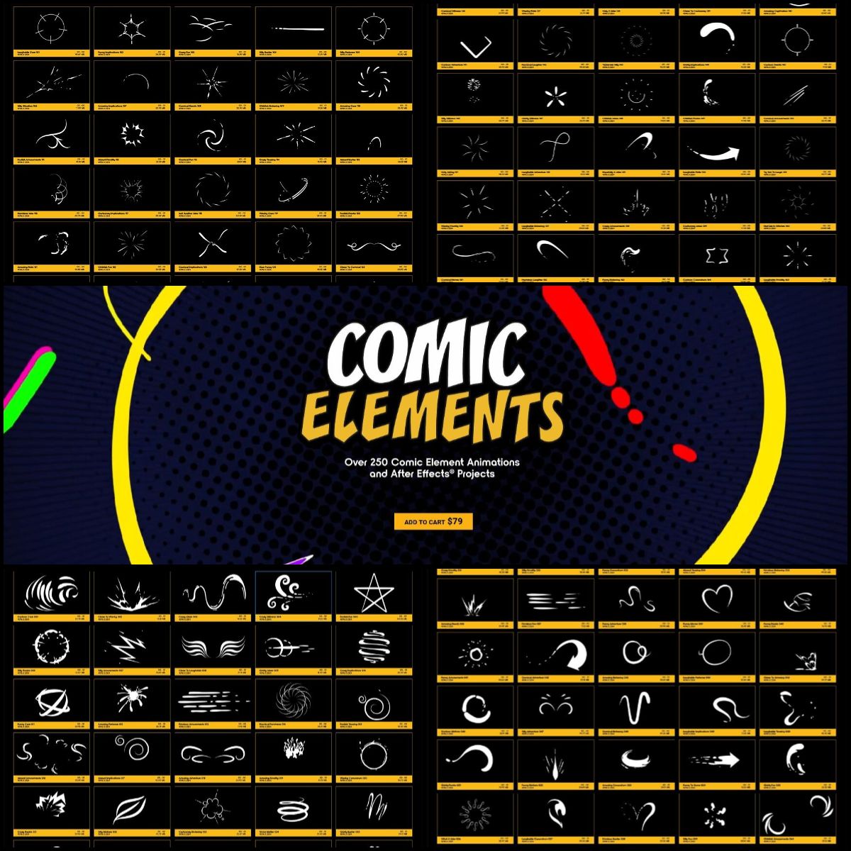 250种MG风格卡通漫画动画元素4K视频素材带透明通道和AE工程模板