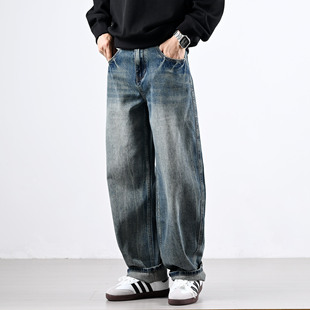 vintage宽松阔腿直筒休闲裤 XGI 男美式 牛仔裤 子 复古水洗做旧工装