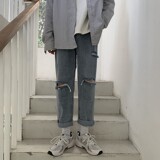 港风破洞2025春夏季新款宽松男潮流百搭直筒九分牛仔裤K140P40，男装牛仔裤，星座1108-1