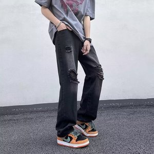 2025夏季新款男士破洞牛仔裤休闲宽松直筒牛仔长裤 K2223 P40,男装牛仔裤,星座1108-1