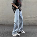 2025春夏季破洞修身直筒嘻哈排扣潮流复古牛仔裤男长裤K940P50，男装牛仔裤，星座1108-1