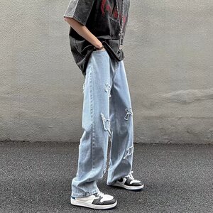 2025春夏季破洞修身直筒嘻哈排扣潮流复古牛仔裤男长裤 K940 P50图片