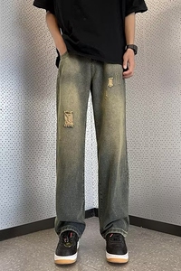 2025夏季新款男士牛仔裤直筒猫抓磨破休闲牛仔长裤 K729 P45图片