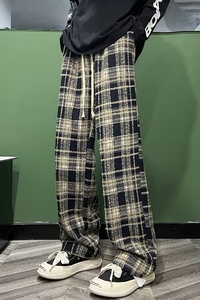 2025秋冬复古黑色休闲直筒裤显瘦窄版阔腿裤毛呢格子裤 K475 P40图片