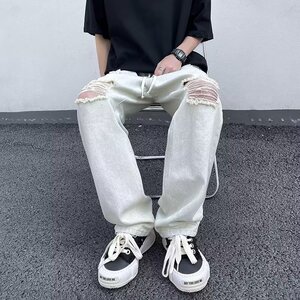 2025夏季新款男士直筒破洞牛仔裤休闲男士长裤K2223P40