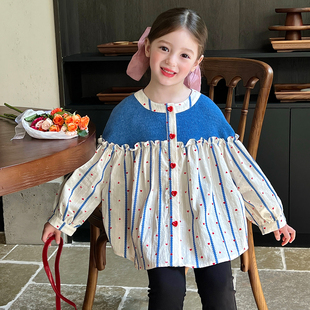 新款 秋季 儿童宝宝百搭拼接宽松上衣 时髦爱心衬衫 栀了成长记女童装
