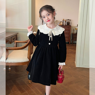 栀了成长记童装 儿童女孩娃娃领裙子 女童小香风丝绒连衣裙秋冬新款