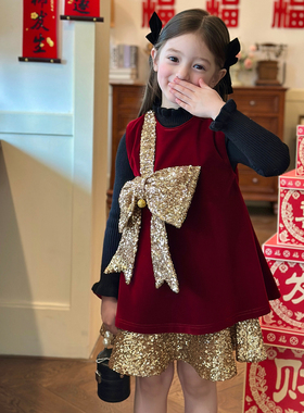 栀了成长记童装女童红色蝴蝶结背心裙2025冬季儿童新年加绒连衣裙