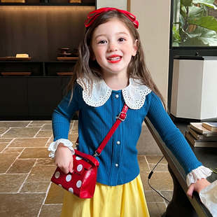 栀了成长记女童装韩版娃娃领上衣秋季新款儿童宝宝百搭坑条针织衫