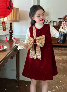 栀了成长记童装女童红色洋气背心裙儿童女宝宝礼服裙子新年连衣裙