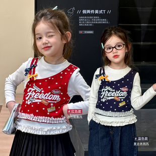 小女孩美式复古秋季穿搭星星字母假两件T恤女童蕾丝花边长袖上衣