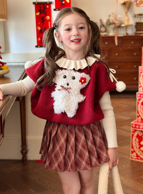 栀了成长记女童装新年甜美无袖上衣2025冬季儿童红色毛绒背心马甲