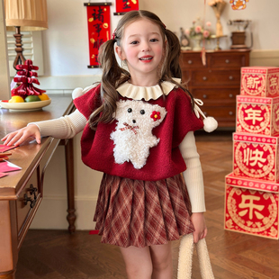 栀了成长记女童装新年甜美无袖上衣2025冬季儿童红色毛绒背心马甲