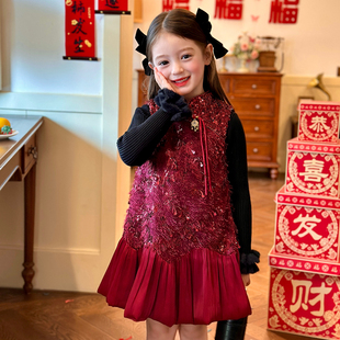 栀了成长记童装女童新中式红色背心裙2025冬季儿童国风加绒连衣裙