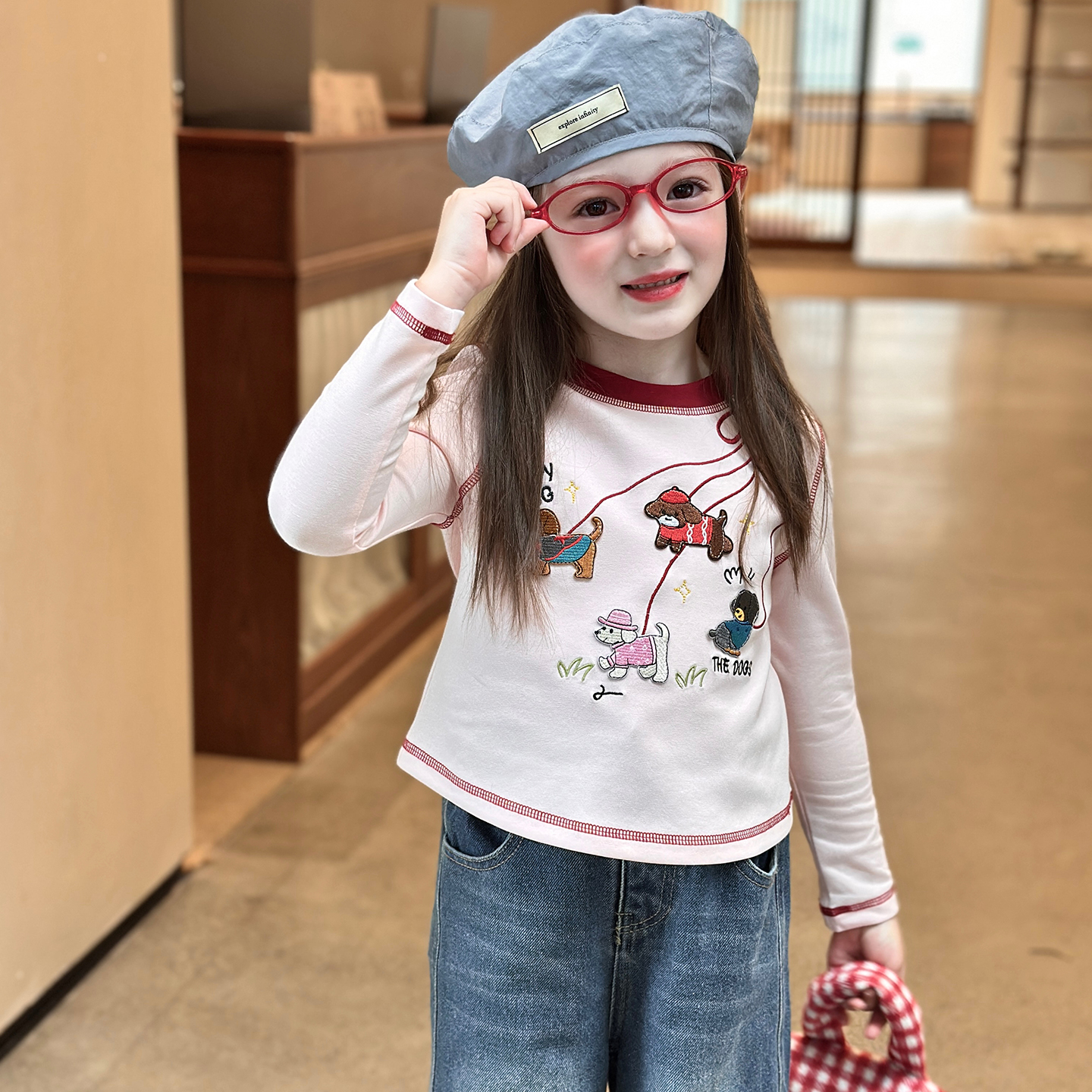 栀了成长记女童卡通刺绣长袖上衣