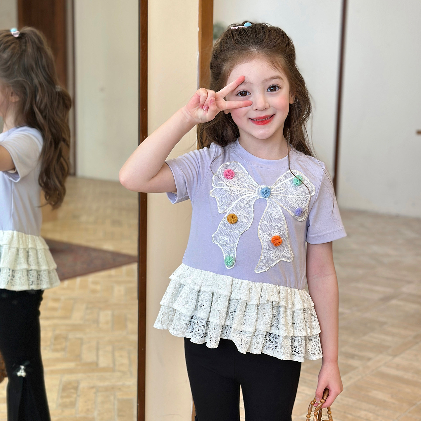 栀了成长记童装女童蝴蝶结短袖上衣2026春季儿童蕾丝花边可爱T恤