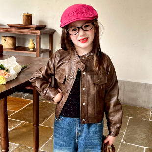 栀了成长记童装 儿童宝宝时髦皮衣外套 女童港风机车百搭皮夹克秋季