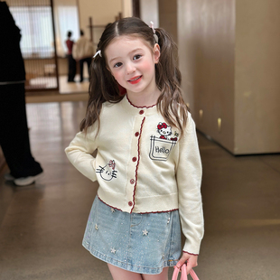 撞色针织上衣 儿童新款 栀了成长记童装 女童可爱KT刺绣毛衣2026春季