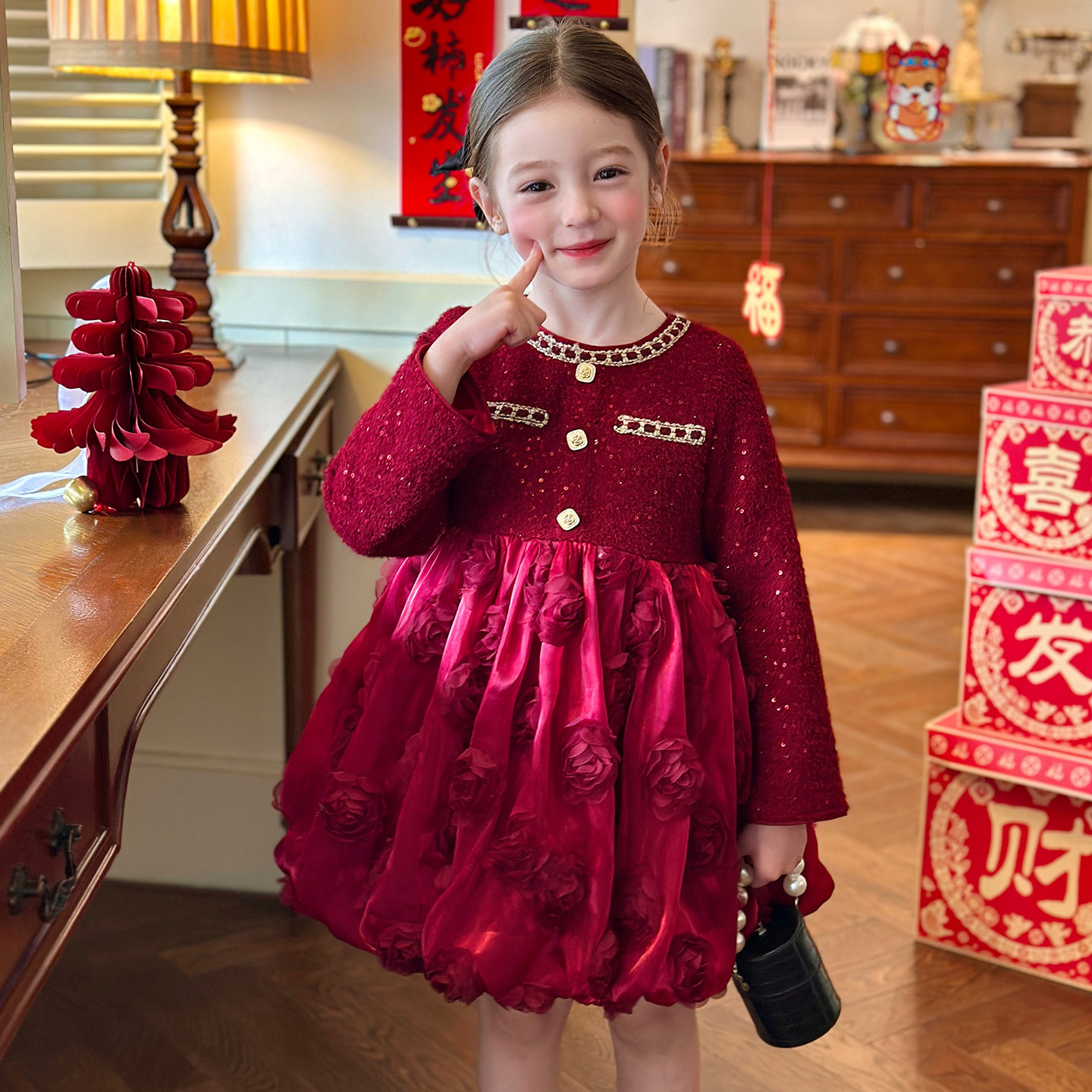 栀了成长记童装女童甜美小香风花苞裙2025冬季儿童加绒重工连衣裙,童装/婴儿装/亲子装,连衣裙,淘宝优惠券,粉丝福利购,淘宝优惠卷