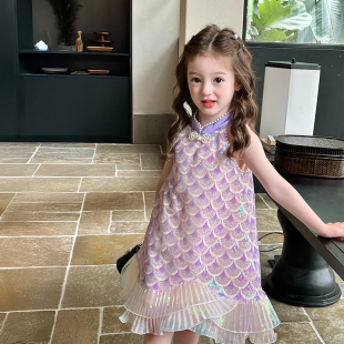 栀了成长记童装女童美人鱼亮片连衣裙儿童时髦鱼尾裙子宝宝公主裙