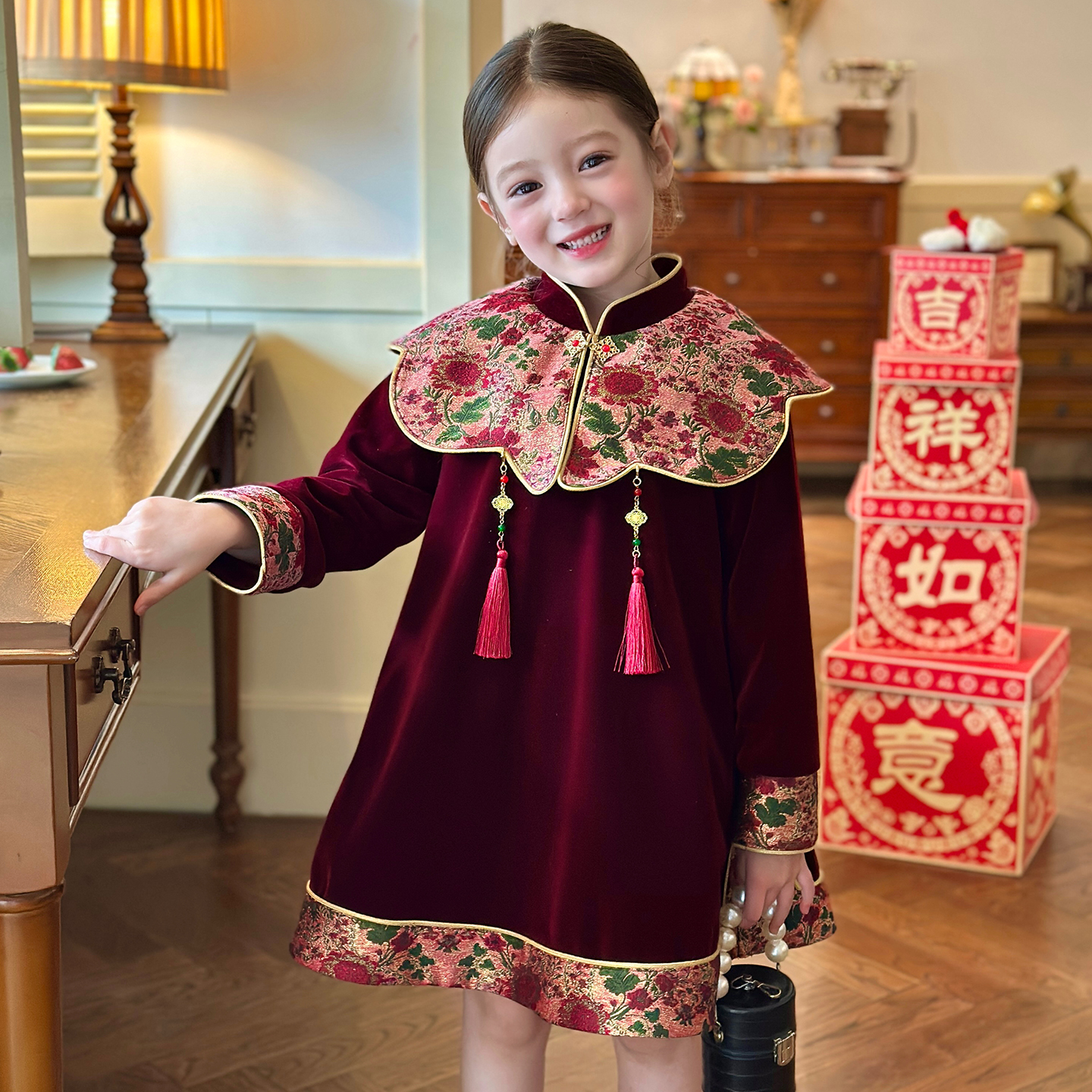 栀了成长记女童冬加绒国风连衣裙