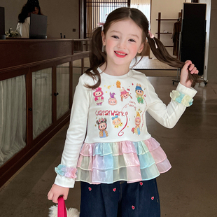 栀了成长记童装女童韩版印花烫钻上衣春秋儿童宝宝百搭荷叶边T恤