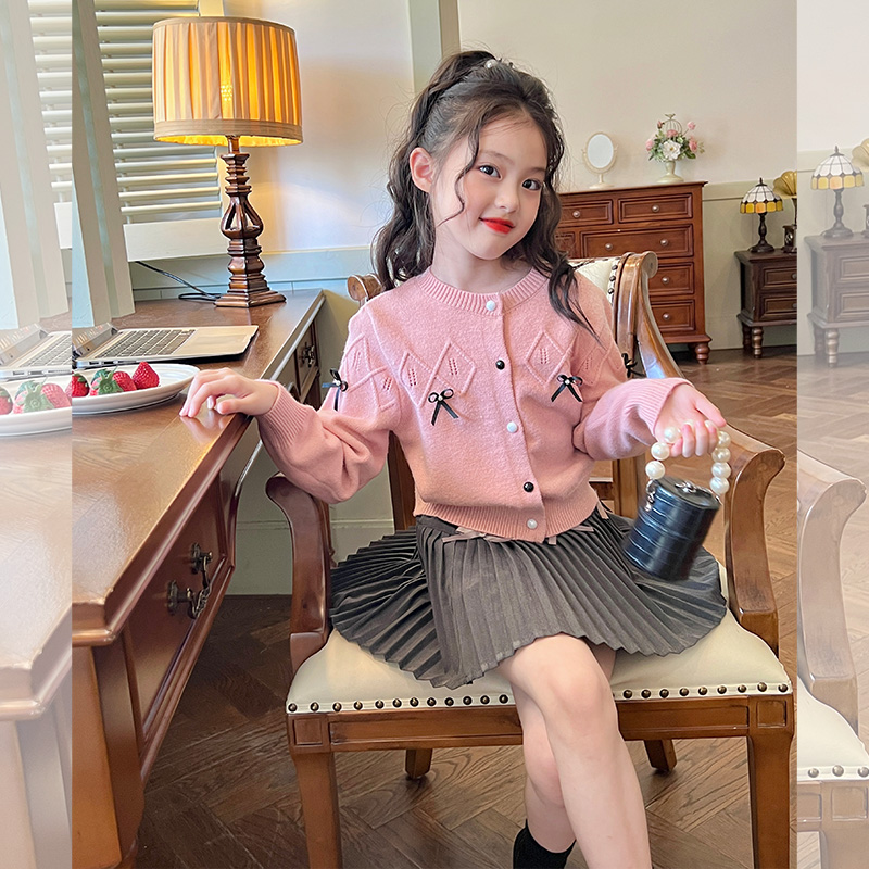 栀了成长记童装女童粉色蝴蝶结毛衣春季新款儿童女孩针织开衫外套