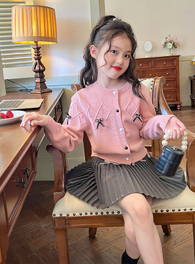 栀了成长记童装女童粉色蝴蝶结毛衣春秋新款儿童女孩针织开衫外套