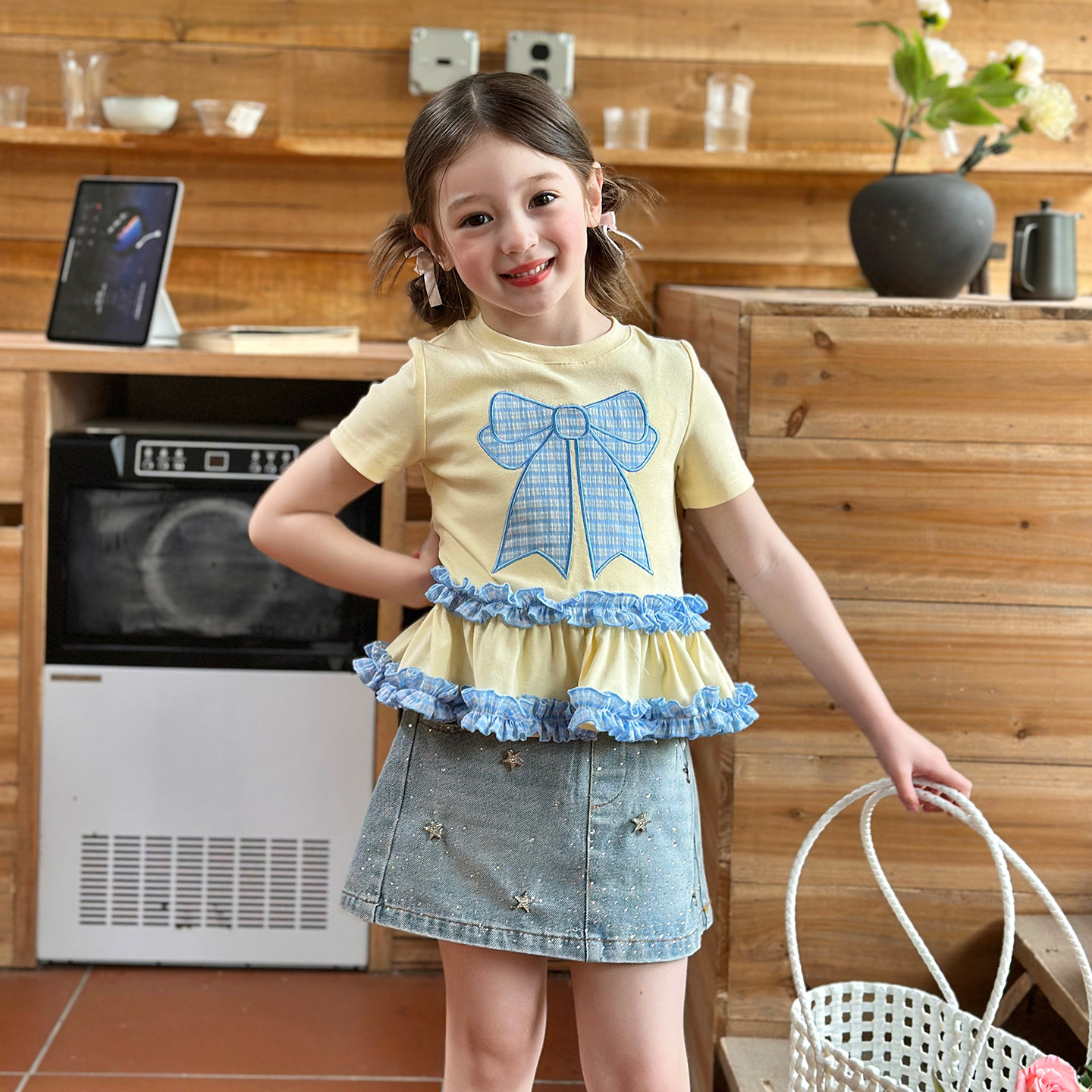 栀了成长记童装女童蝴蝶结撞色上衣2026春季儿童甜美可爱短袖T恤