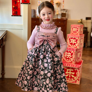 栀了成长记女童装 儿童加绒提花亮片连衣裙 复古甜美吊带裙2025冬季