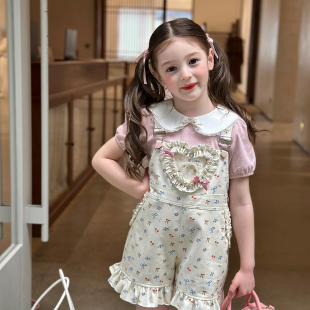 套装 栀了成长记女童装 儿童可爱印花背带裤 2026春季 甜美蝴蝶结短裤