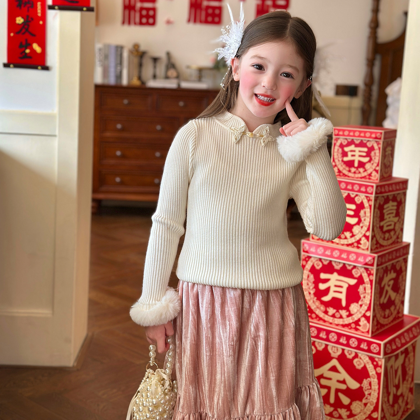 栀了成长记女童装新中式内搭上衣2025冬季儿童百搭坑条针织打底衫,童装/婴儿装/亲子装,毛衣/针织衫,淘宝优惠券,粉丝福利购,淘宝优惠卷