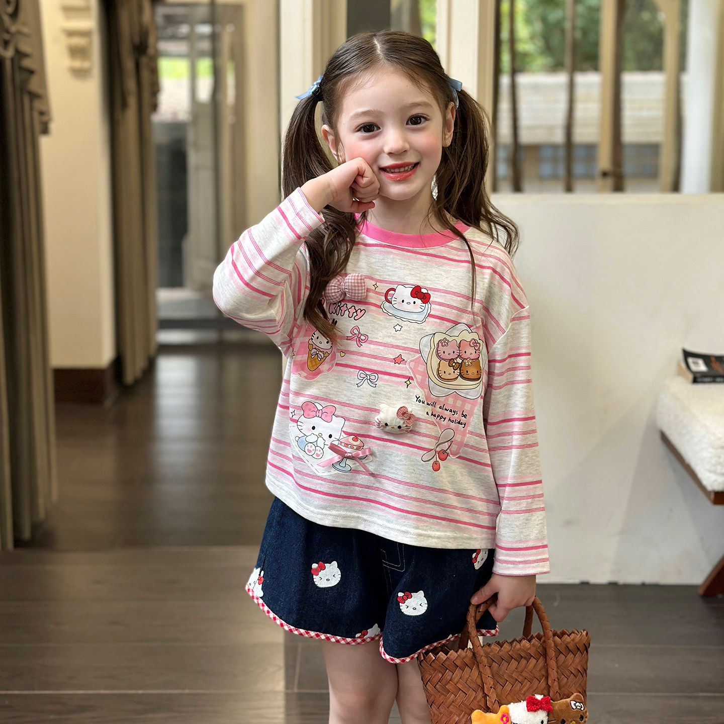 栀了成长记女童装甜美卡通印花上衣2026春季儿童条纹可爱宽松T恤