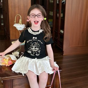 栀了成长记童装女童短袖小熊印花上衣夏儿童宝宝短款蕾丝花边上衣