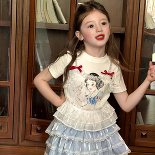 栀了成长记童装女童甜美假两件上衣2026夏季新款蕾丝花边短袖T恤