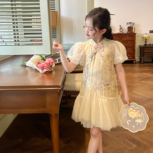 儿童泡泡袖 新中式 女童国风网纱连衣裙夏装 栀了成长记童装 旗袍裙子