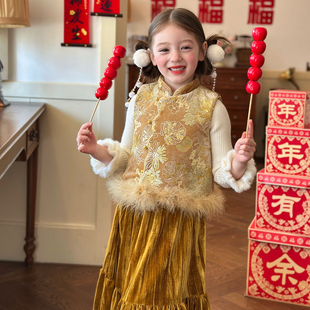 栀了成长记童装女童新中式套装马甲2025冬季儿童国风夹棉背心上衣