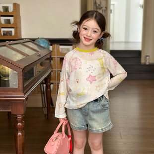 栀了成长记女童装宽松防晒上衣2026春季儿童新款时髦休闲长袖T恤