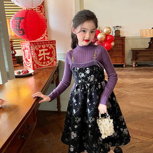 栀了成长记童装 儿童名媛风碎花连衣裙 女童雪尼尔加绒吊带裙秋冬款