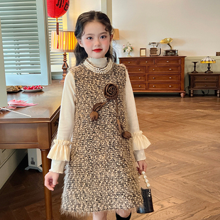 栀了成长记童装女童名媛风流苏背心裙冬装儿童宝宝裙子时髦连衣裙